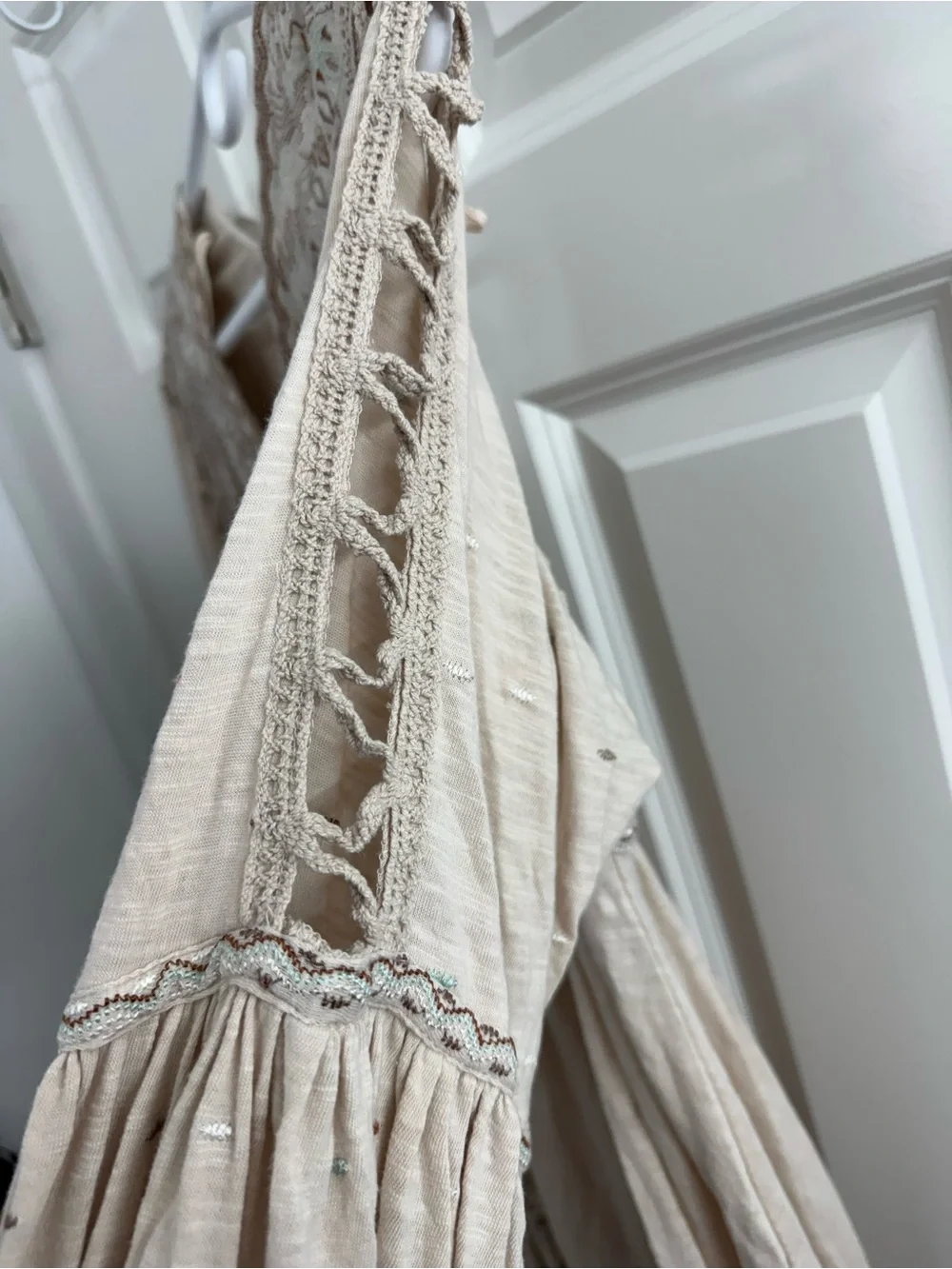 **Sold** Free People Boho Embroidered Babydoll Mini Dress Cream Crochet Sleeve - Picture 5 of 11